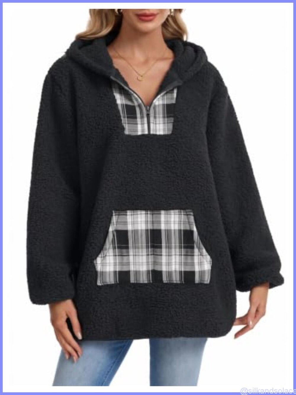 Sherpa Fleece Quarter Zip Pullover Hoodie Oversized Plaid Pocket